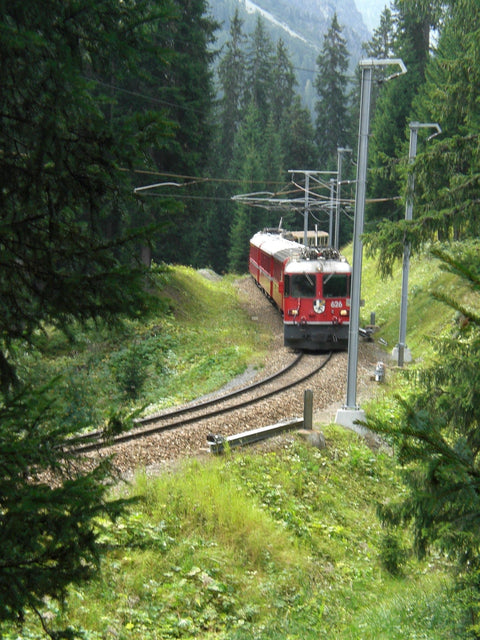 Alt-Text (Deutsch): Roter Zug transportiert Fahrrad durch Alpenwald auf kurviger Strecke.