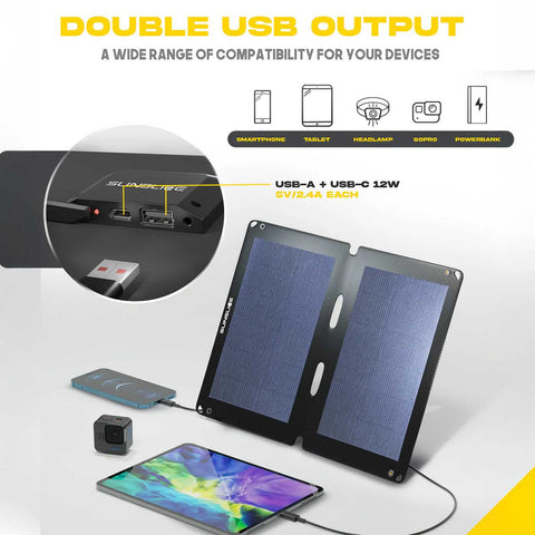 Solarpanel mit Doppel-USB-Ausgang, kompatibel mit Smartphone, Tablet, Powerbank, auf weißem Hintergrund mit Produktinformationen