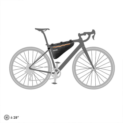 Ortlieb Frame-Pack 4L montiert an einem 28-Zoll-Rennradrahmen, zeigt perfekte Passform und einfache Befestigung ohne Schrauben.