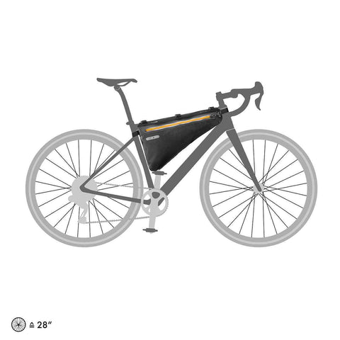Ortlieb Frame-Pack 6L an einem 28-Zoll-Rennrad montiert, ideal für längere Touren mit zusätzlichem Stauraum im Rahmendreieck.