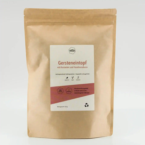 Gersteneintopf Proviant mit Kastanie und Haselnussducca